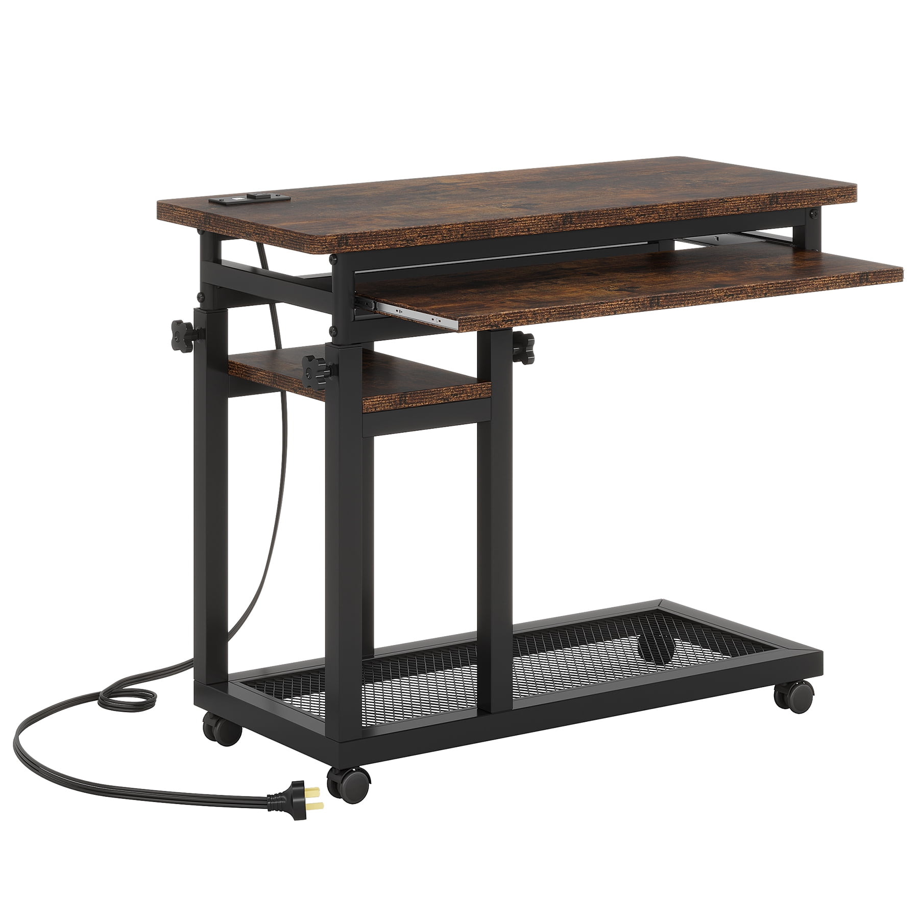 Fnova Small Portable Desk with Charging Station, Height Adjustable Mobile Desk with 4 Wheels, USB Ports & Power Outlet, Rolling Computer Cart, C Side Table for Sofa Couch Bedside, Brown