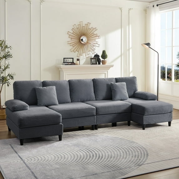 Mjkone U-Shaped Sectional Sofa, 4 Seats Corduroy Couch with Double Comfy Chaise for Living Room - Dark Gray
