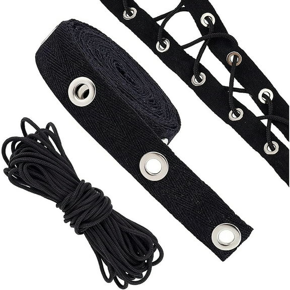 1bag 3 yard/2.74M 20mm Wide Black Grommet Eyelet Twill Tape Trim with 10Yards/9M 3mm Round Polyester Ribbons for Sewing Crafts Making