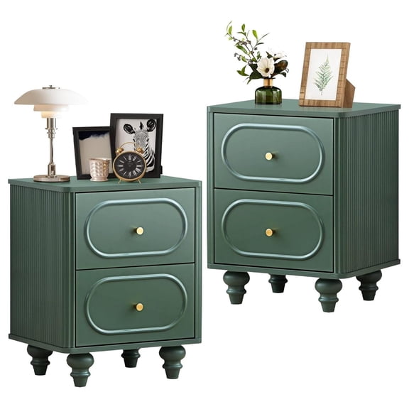 2 Drawer Fluted Nightstand Set of 2, Century Modern Farmhouse Night Stand Small End Table Bedside Table for Bedroom, Green