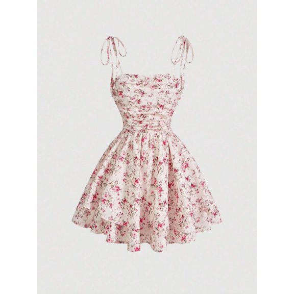 Multicolor Floral Ruched Tie-Shoulder Pleated Mini Dress For Women
