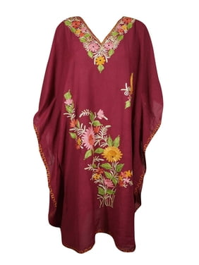 Mogul Women Deep Red Embellished Kaftan Dress Floral HAND Embroidered Kimono Sleeves Resort Wear Housedress One Size