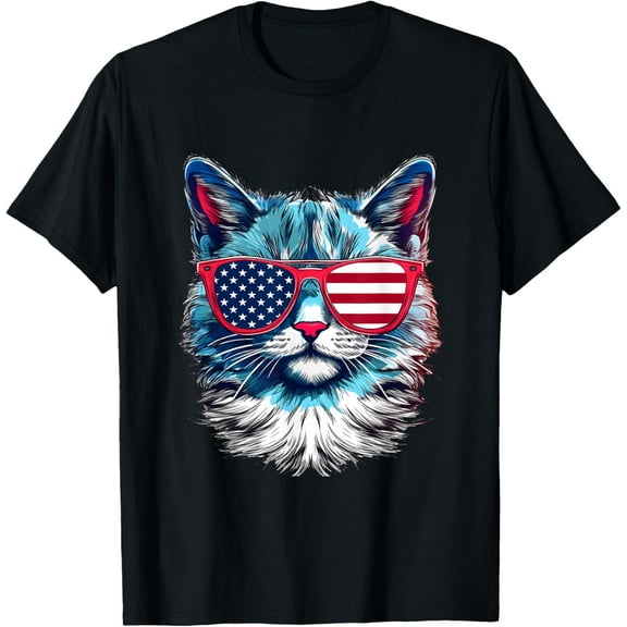 Vintage American Cat Sunglasses USA Flag 4th of July Cat Graphic T-shirt
