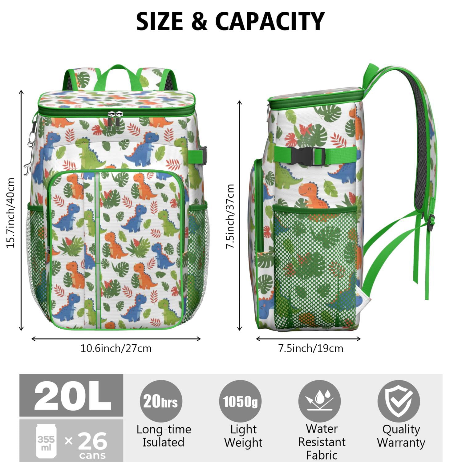 Travel Cooler Bag - White Cartoon Dinosaurs Leaves Pattern Camping Beer Cooler Backpack with Bottle Opener- Waterproof Insulated Picnic Backpacks - Cooler Bag for Beach