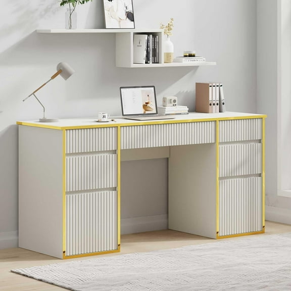 DreamCurship 58 inch Executive Desk with Drawers, Computer Desk with 7 Drawers, Home Office Desk for Work Study Writing, White and Gold
