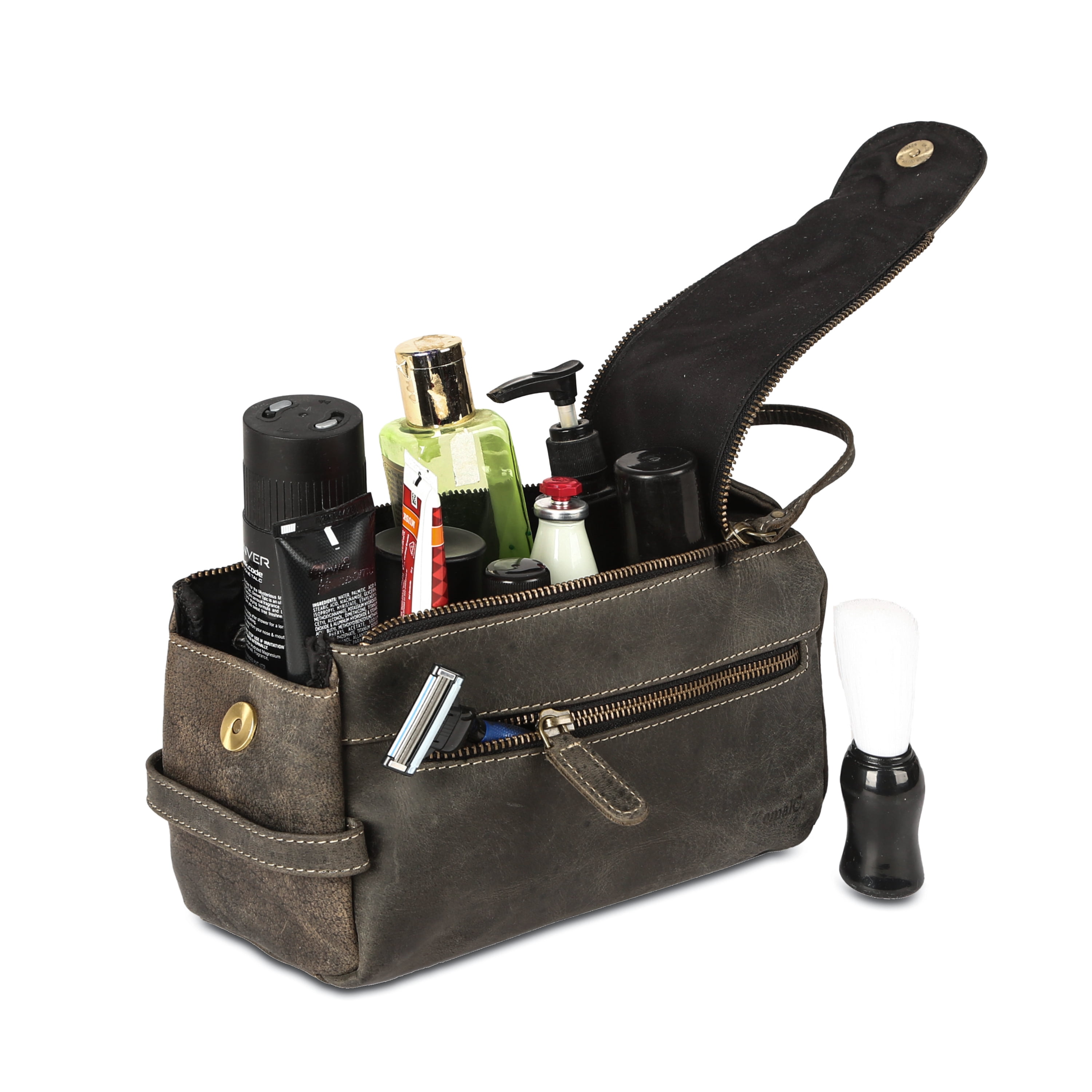 Genuine Buffalo Leather Travel Toiletry Bag for Men & Women – Unisex Dopp Kit in Charcoal Black