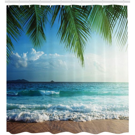 Amarainy Ocean Shower Curtain, Palms Tropical Island Summer Beach Foamy Sea Water Maldives Idyllic Photography, Cloth Fabric Bathroom Decor Set with Hooks, 72x72 inch