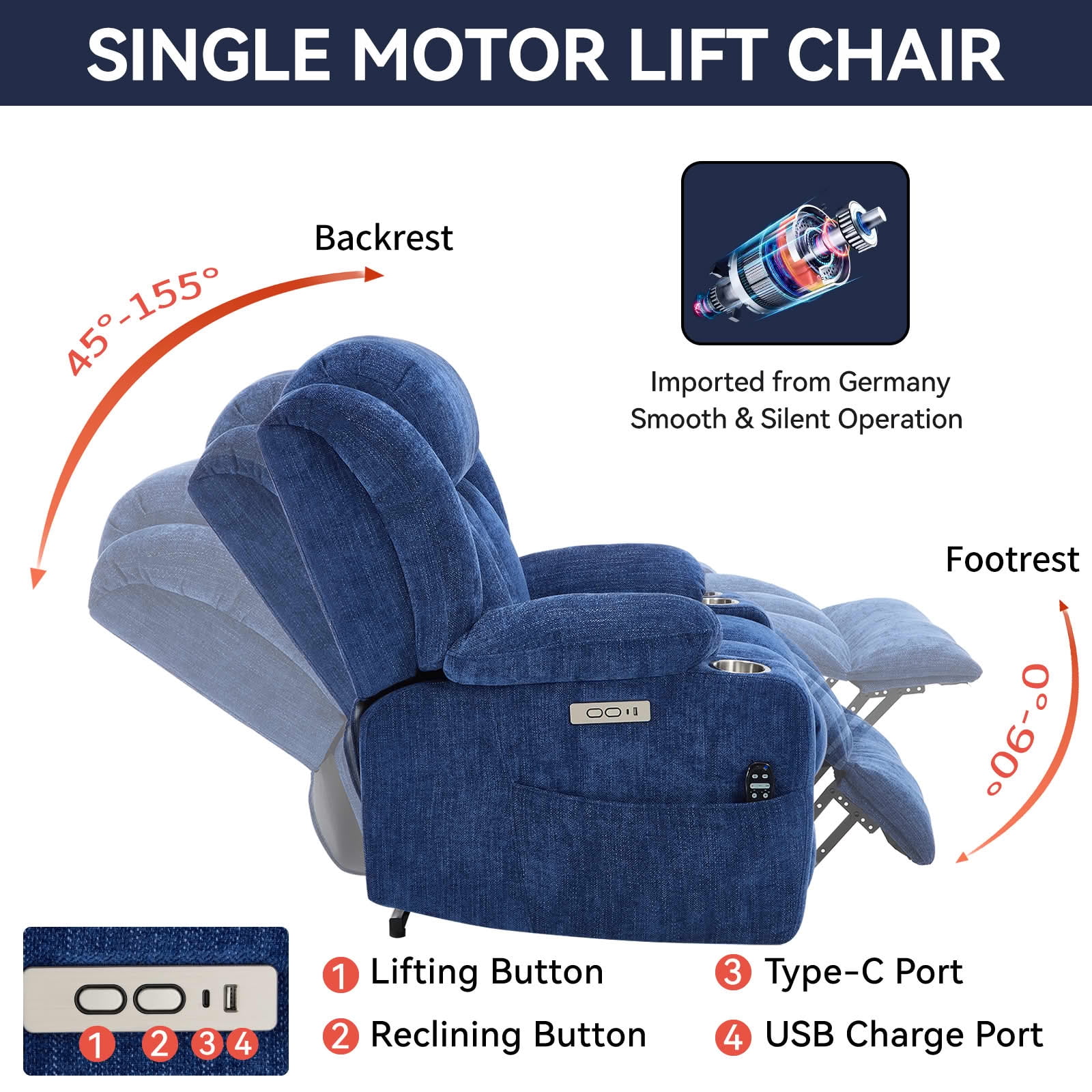 MAYEERTY 350lbs Grey Chenille Power Lift Recliner, Heavy Duty 8-Point Massage Lumbar Heat Chair with USB-C Stainless Steel Cup Holders