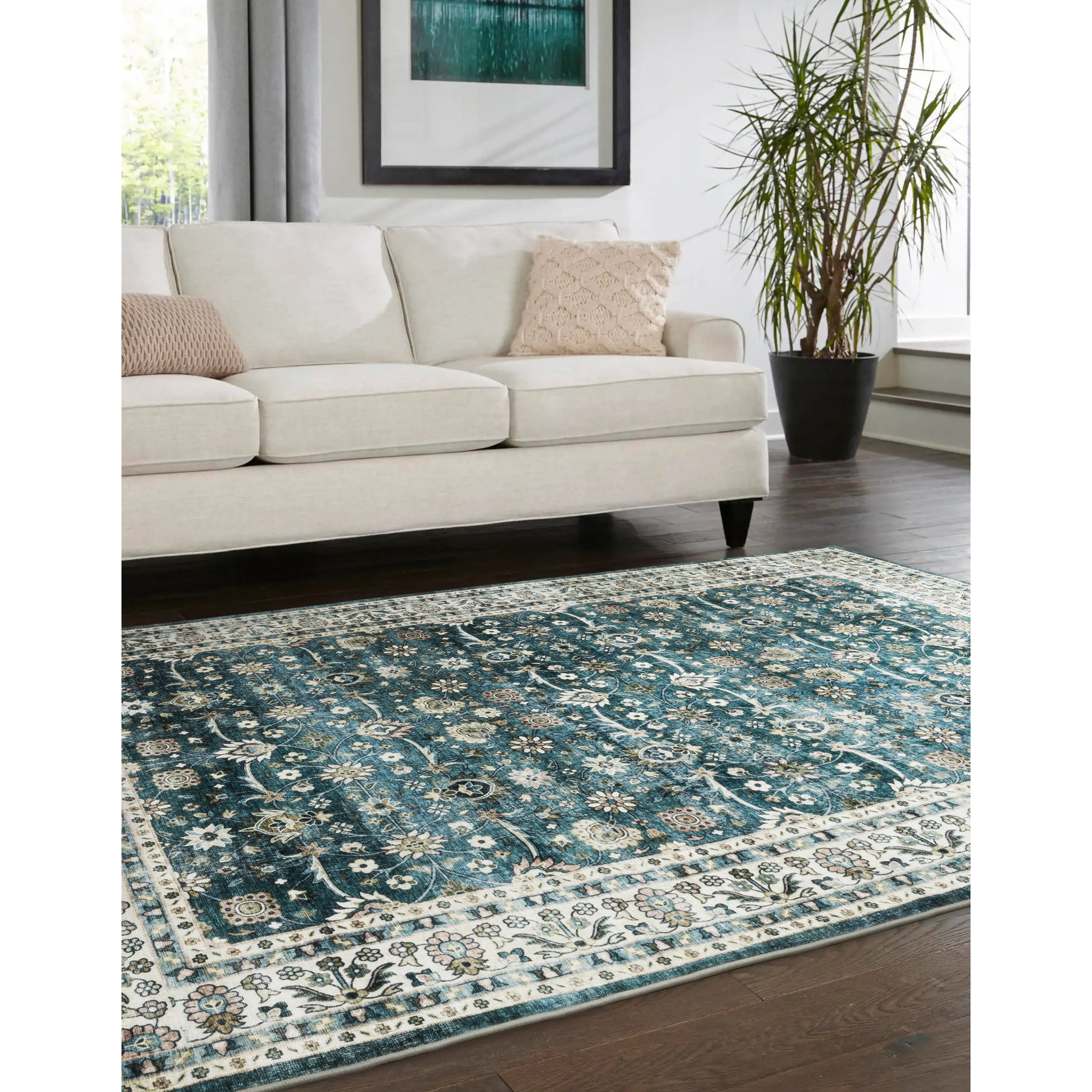 Avalon Home Sebastian Vintage Bordered Teal/ Ivory Washable Indoor Area Rug