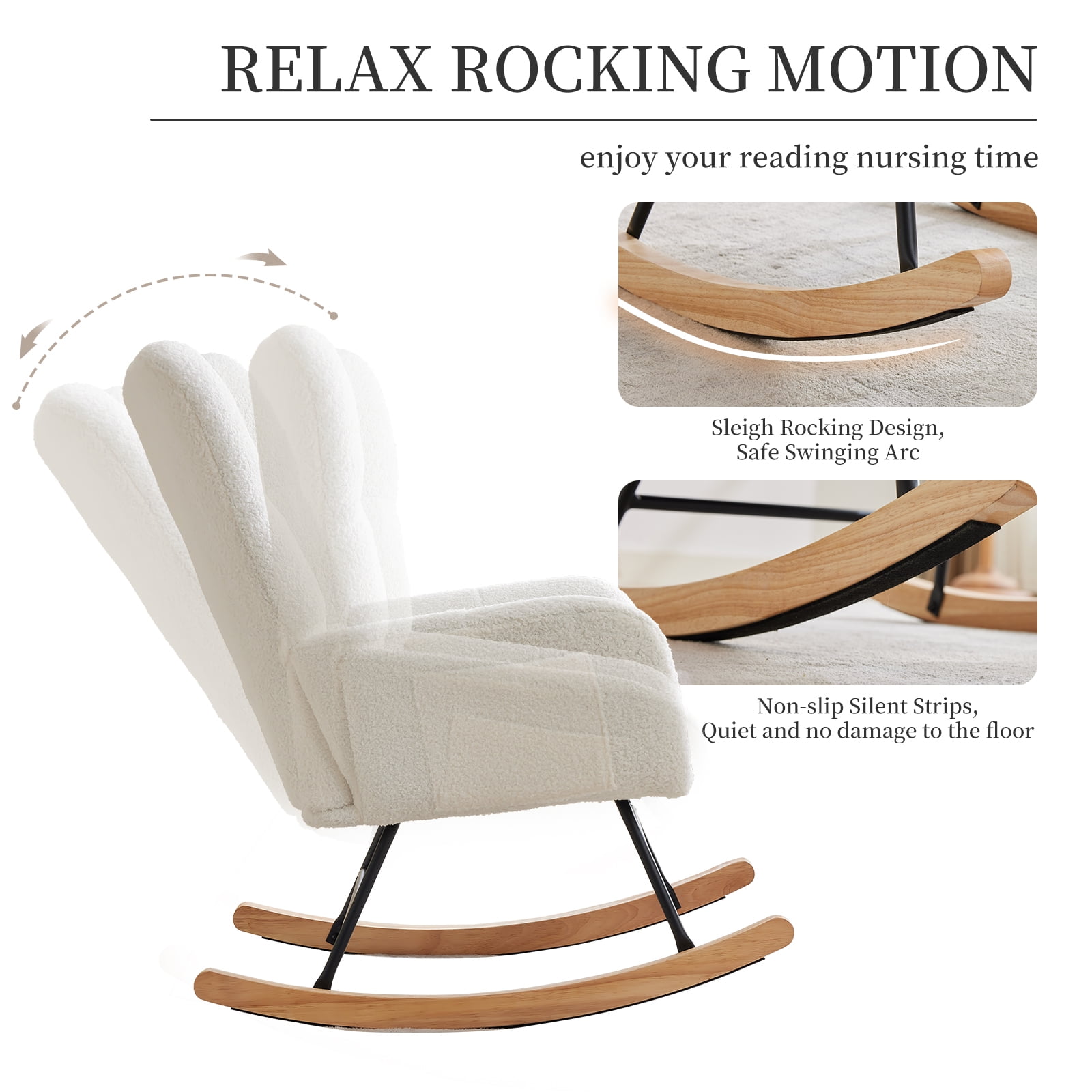 300Lbs Load-Bearing Nursery Glider Rocking Chair, Teddy Upholstered, High Backrest & Armrests, Side Pockets, Padded Seat, High Backrest, Armrests, Metal Legs & Wood Base for Living Room, Bedroom