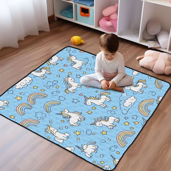 WOBOGO Unicorns Rainbows Blue Pattern Baby Playmats Extra Large Waterproof Rollable Activity Pads for Toddlers 50×50inch