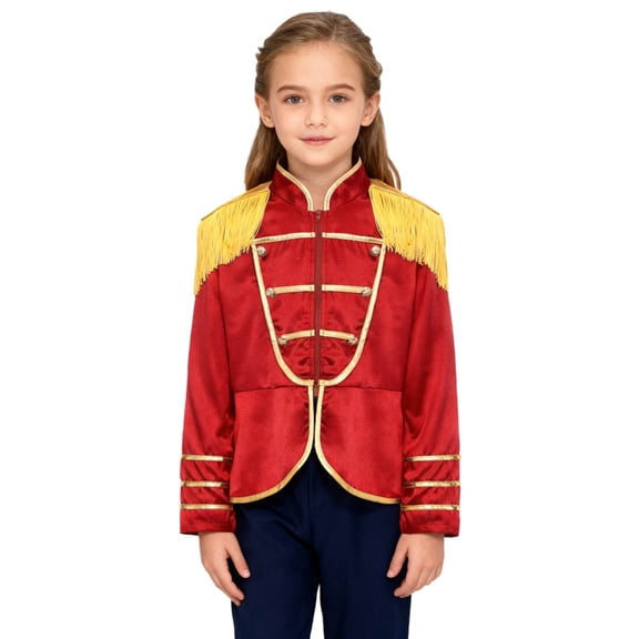 Hansber Kids Boys Girls Drum Majorette Jacket Long Sleeve Fringe Tassel Coat Honor Guard Uniform Stage Show Outfit Red 14