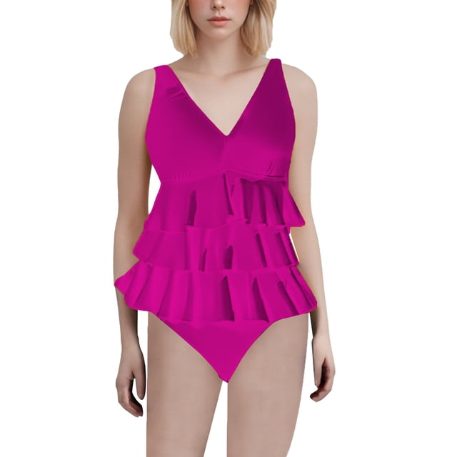 Duoif Maillot de Bain une Pièce pour Femmes, Maillot de Bain à Volants, Robe de Bain Rétro Couvrante, Maillots de Bain Contrôle du Ventre pour Femmes, Rose Vif G