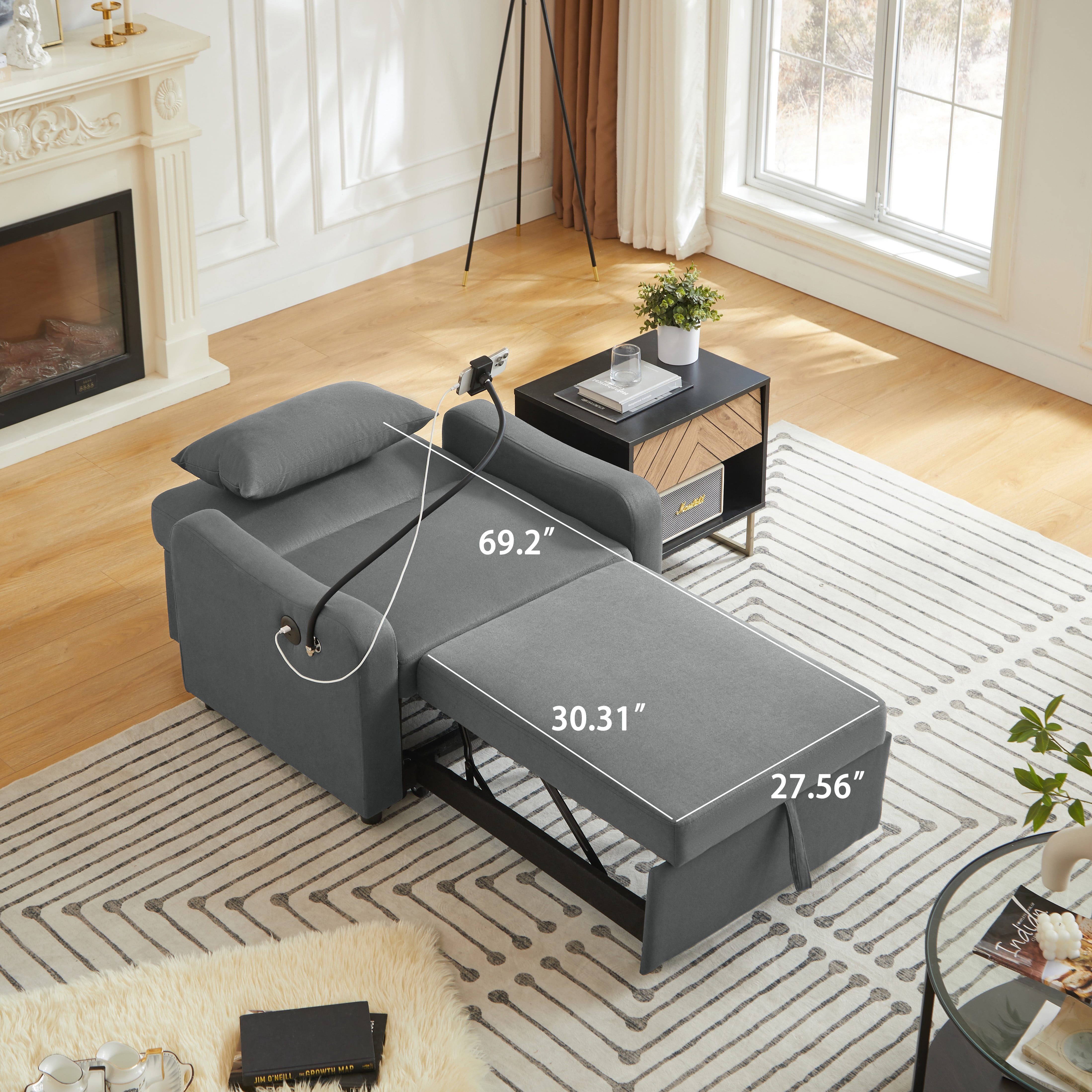 Leumius Convertible Sleeper Sofa Chair Bed,3 in 1 Linen Single Sofa with USB Port and Phone Holder,Pull Out Couch Recliner with Adjustable Backrest for Living Room, Office, Small Place,Dark Gray