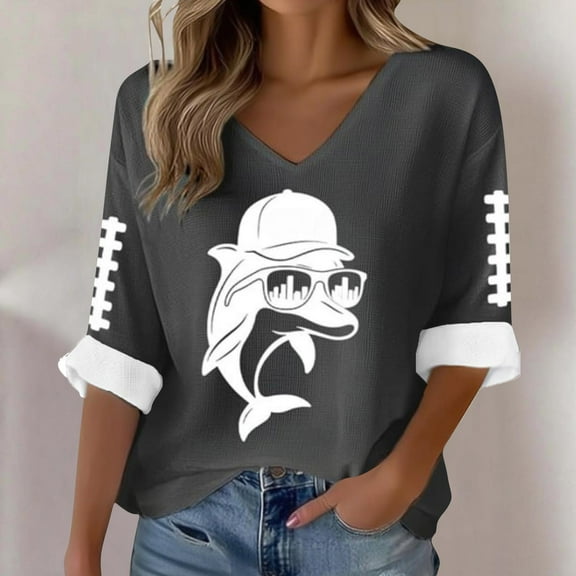 Craaazy T Shirts For Women Comfortable V-Neck Long Sleeve Dolphin Print Casual Blouse Gifts