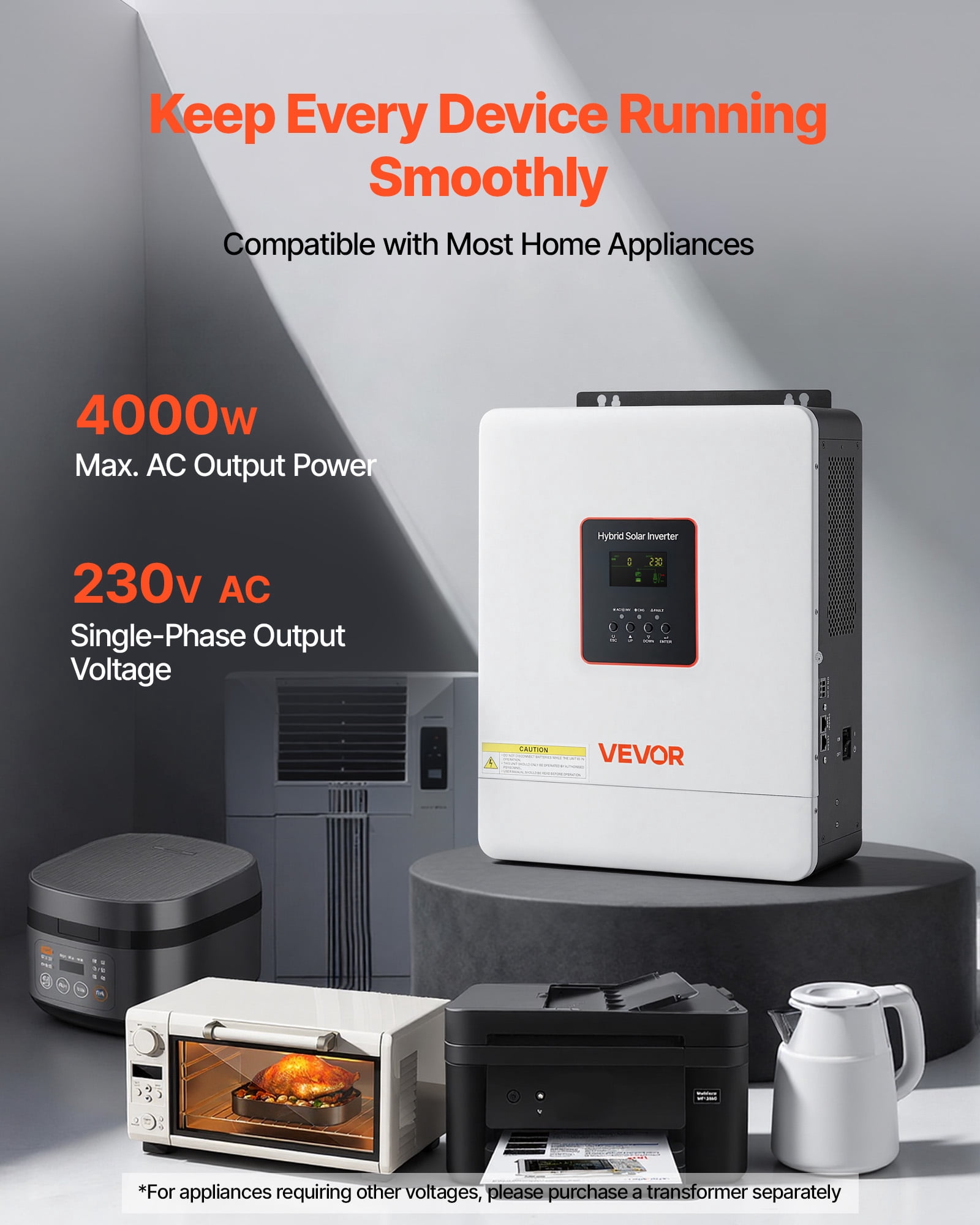 VEVOR 4000W Hybrid Solar Inverter, 24V DC to 230V AC, Pure Sine Wave Power Inverter Charger, with Built-in 120A MPPT Solar Controller, WiFi Module, Single-Phase,for Lead Acid Lithium Battery off-Grid
