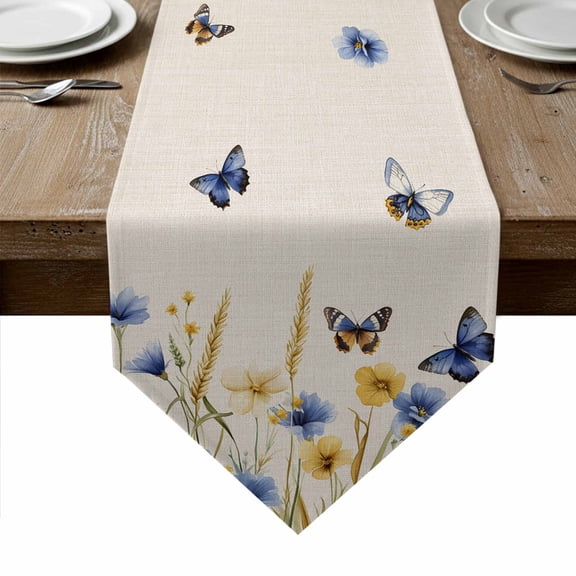 Blue Floral Table Runner Linen Burlap Table Runner 48 Inches Long Yellow Flower Butterflies Country Plant Dresser Scarves for Kitchen Island Coffee Dining Room Party Holiday Decoration 13"x48"