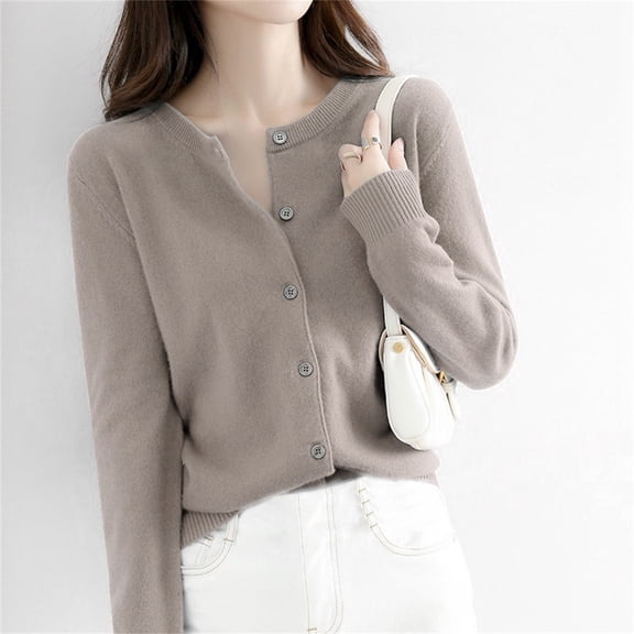 Delayuji Women's Cardigan Sweater Round Neck Sweater Spring Fall Winter Long Sleeve Knitted Solid Color Soft Cardigan Sweater