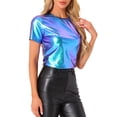 thumbnail image 4 of INSPIRAR CHIC Blusas de fiesta metálicas texturizadas de manga corta brillantes para mujeres M Azul Verde, 4 of 5