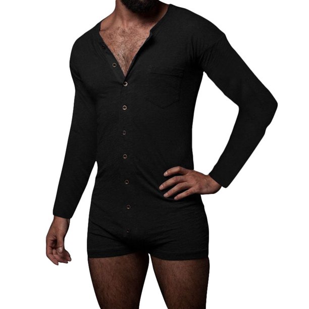 Mono corto de manga larga con pechera de color liso y sexy para hombre - Ropa informal para el día a día