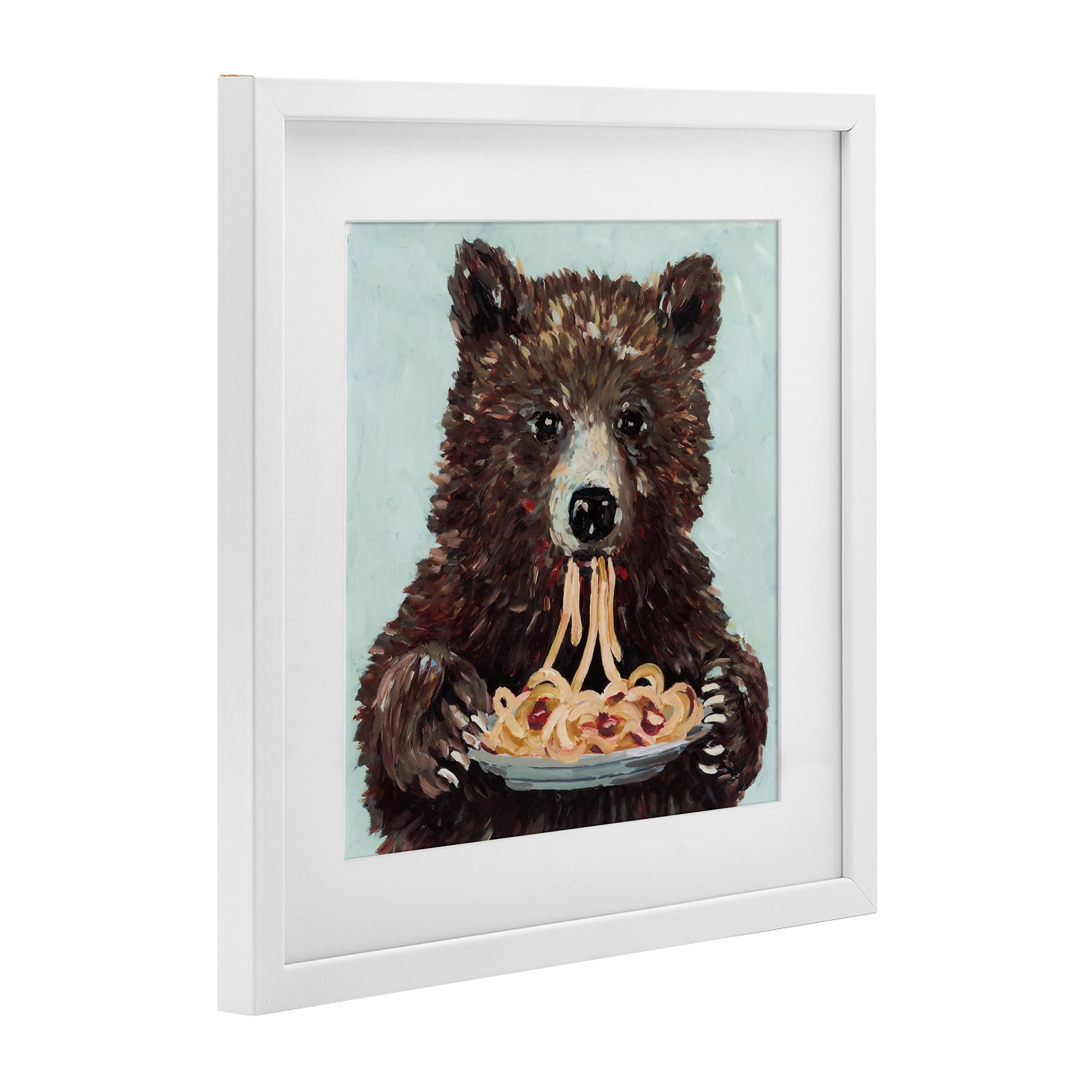 Whimsical Bear & Spaghetti White Framed Print Under Glass, design by Studio Bautista