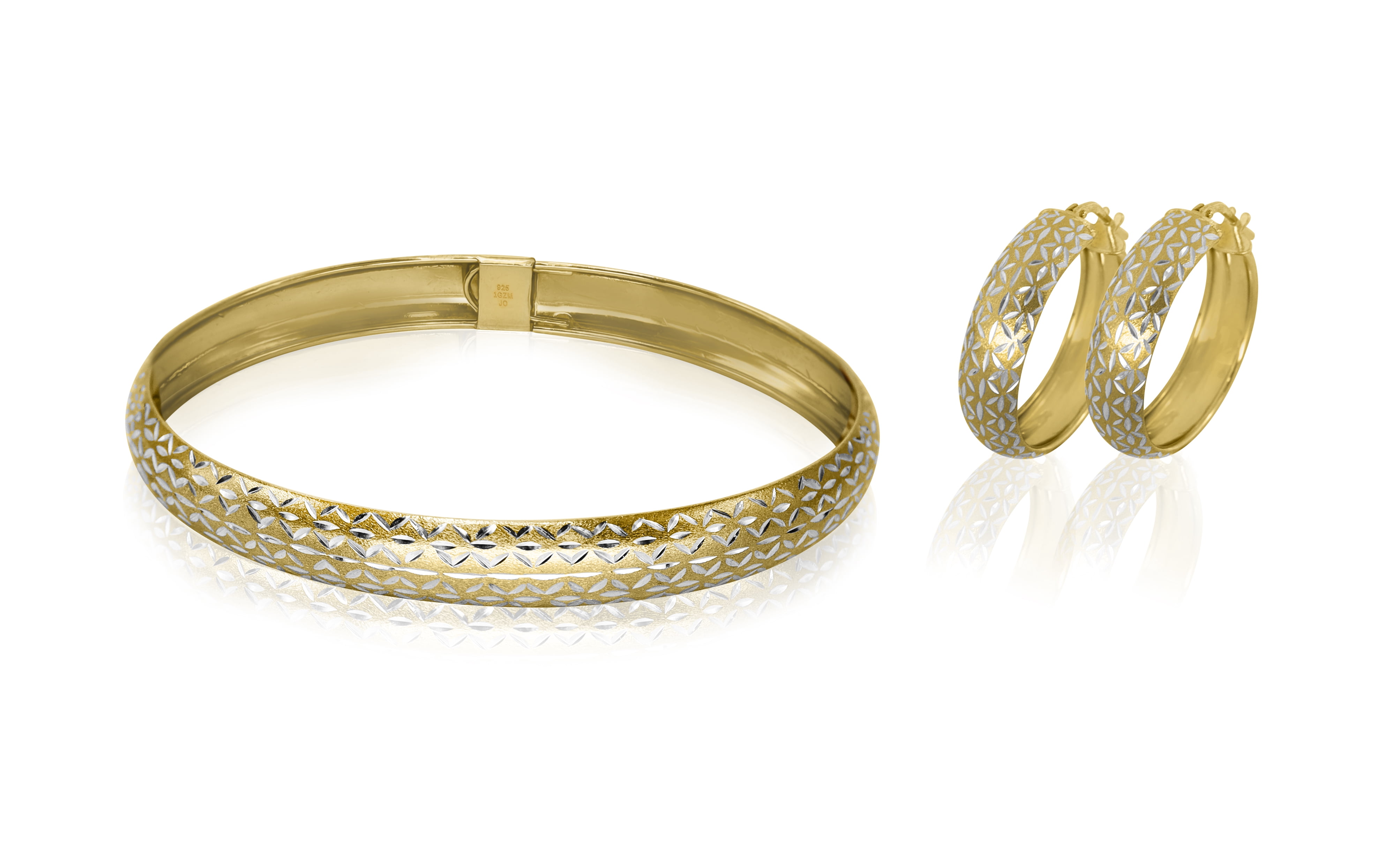 Brilliance Fine Jewelry 18K Gold Plated Sterling Silver Diamond Cut Women's Flex Bangle & Hoop Earrings Set