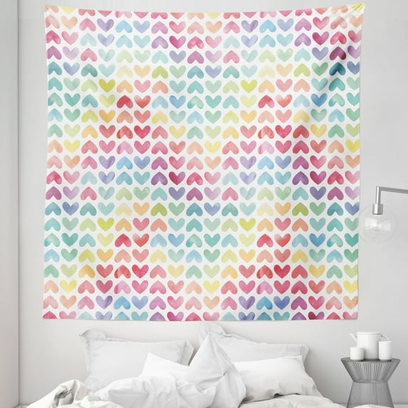 Watercolor Tapestry, Valentine's Day Theme Colorful Little Hearts Vibrant Paintbrush Effect, Fabric Wall Hanging Decor for Bedroom Living Room Dorm, 5 Sizes, Multicolor, by Ambesonne