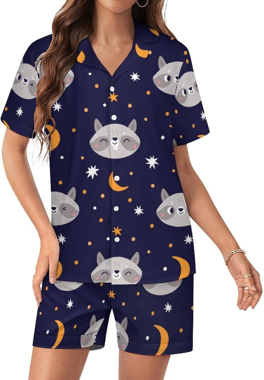PRIYAL Ensemble de Pyjama Femme en Soie Motif Raton Laveur Amusant Manches Courtes Confortable Ensemble de Détente 2 Pcs