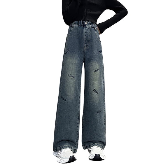 SGMVNU Girl jeans Baggy Wide Leg Elastic Waist Multiple Pockets Cargo Trousers Denim Pants for Children Comfortable Casual Style Cute Pants for Girl(Size 11-12 Years,Blue)