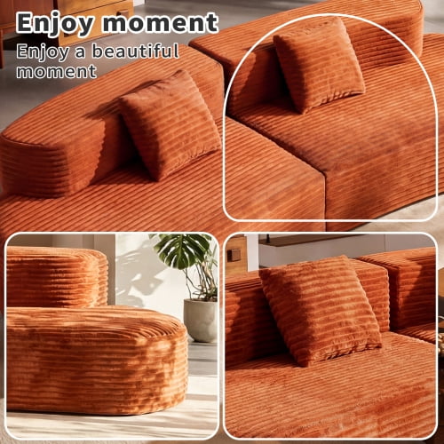 Howcool Boneless Cloud Couch 108.6", Curved Modular Compression Sofa, Deep Seat Corduroy Foam Couch, Sectional Floor Sofa in a Box, No Assembly, 4 Seater, Orange(Thick Sponge)
