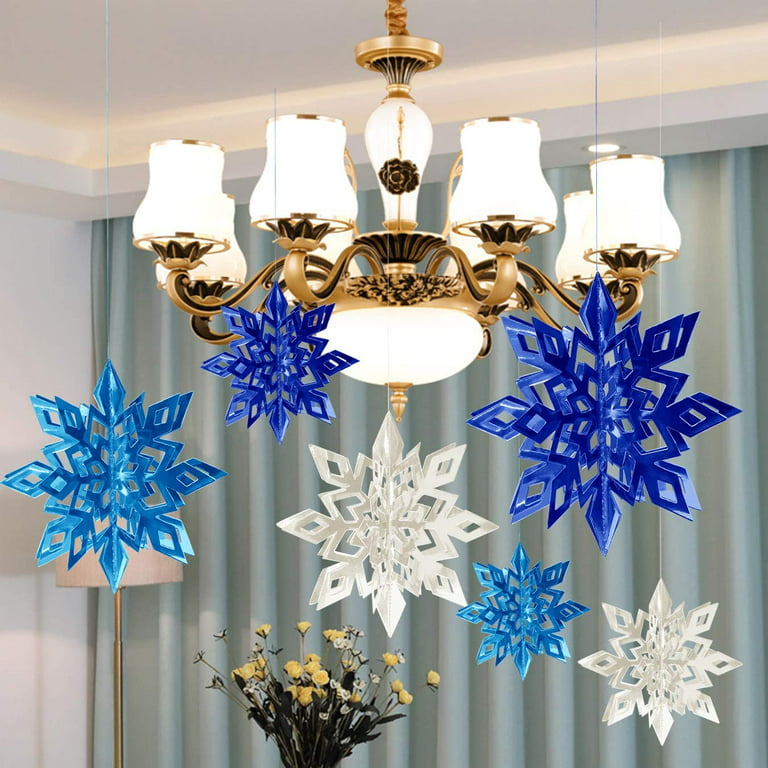 18pcs 3D Hanging Christmas Snowflake Decorations, Winter Blue Silver Frozen Theme Paper Snowflakes Ornaments Garland for Ice Princess Birthday New