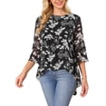 thumbnail image 4 of INSPIRE CHIC Women's Floral High Low Tops Scoop Neck Chiffon Blouse Asymmetrical Shirt 3/4 Bell Sleeve Casual Summer Tops S Black, 4 of 6