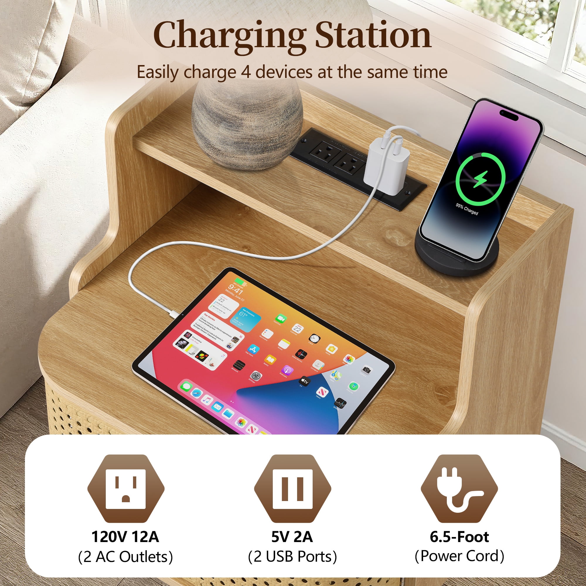 YOCWO Large Storage Nightstand with Charging Station Iron Rattern Pattern, Farmhouse Square End Table with 2 Door and Open Shelf for Bedroom Living Room, Natural