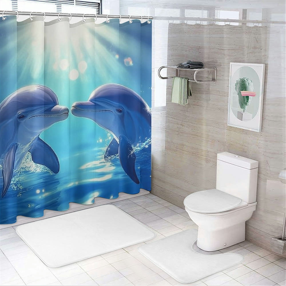 Patifu Dolphins Water Love Bathroom Shower Curtain Set with Hooks 60"x72