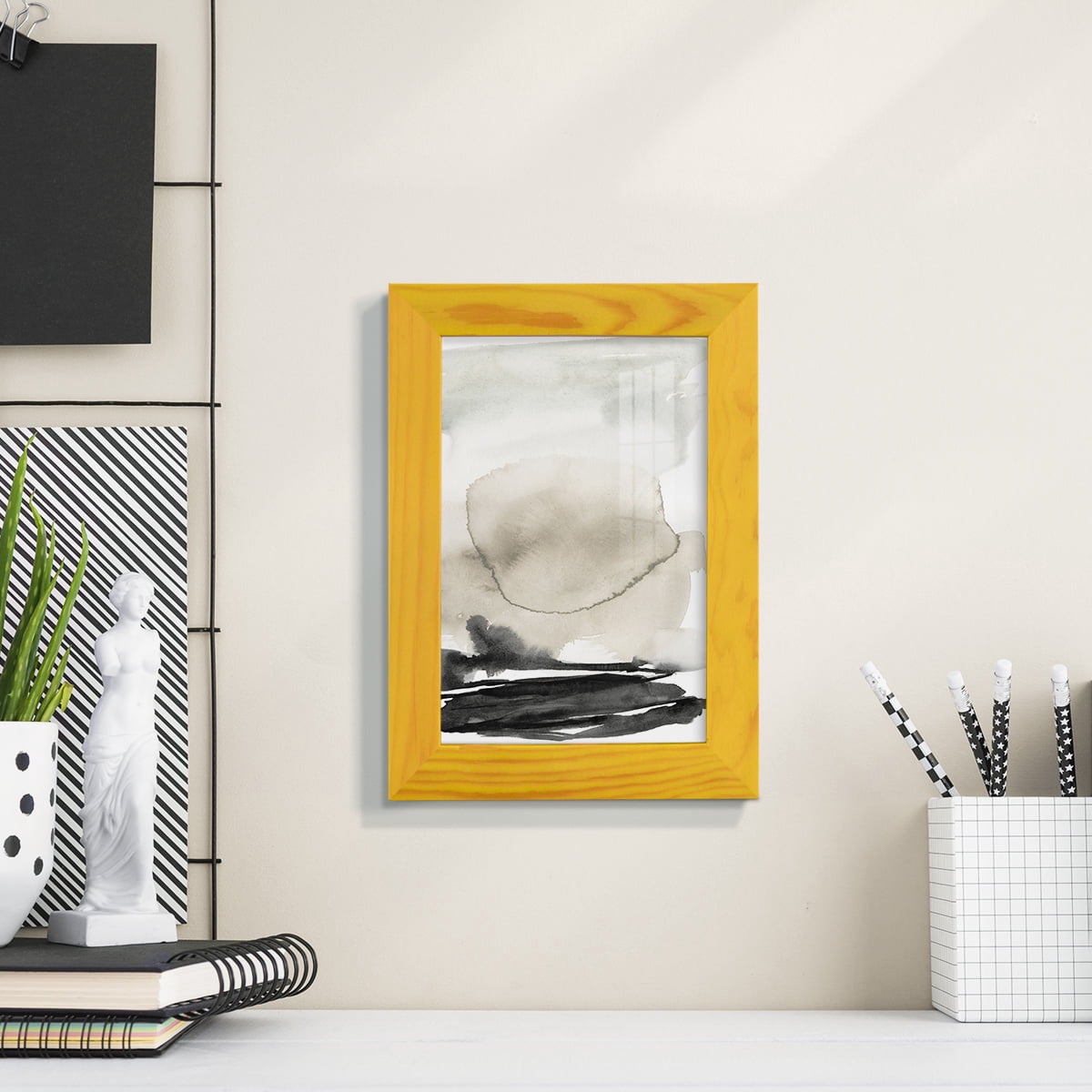 Ebony Horizon Triptych II - Framed Print w/glass - Sunflower Yellow