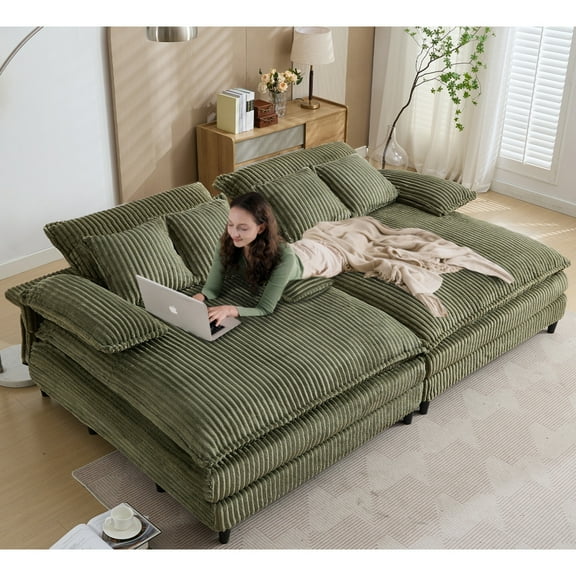 109" Oversized Double Lounge Chaise with 4-Position Adjustable Backrest & Dual Seating Sofa Bed, Plush Corduroy Fabric, 4 Pillows, Durable for High-Traffic Living Rooms, Green