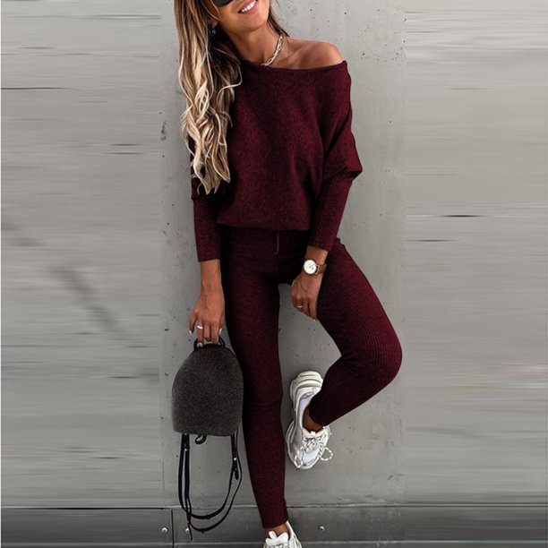 ICHUANYI Clearance Women's Early Fashion Casual Loose Long Sleeve Solid Suit(Red, L) ICHUANYI WER2023081508702