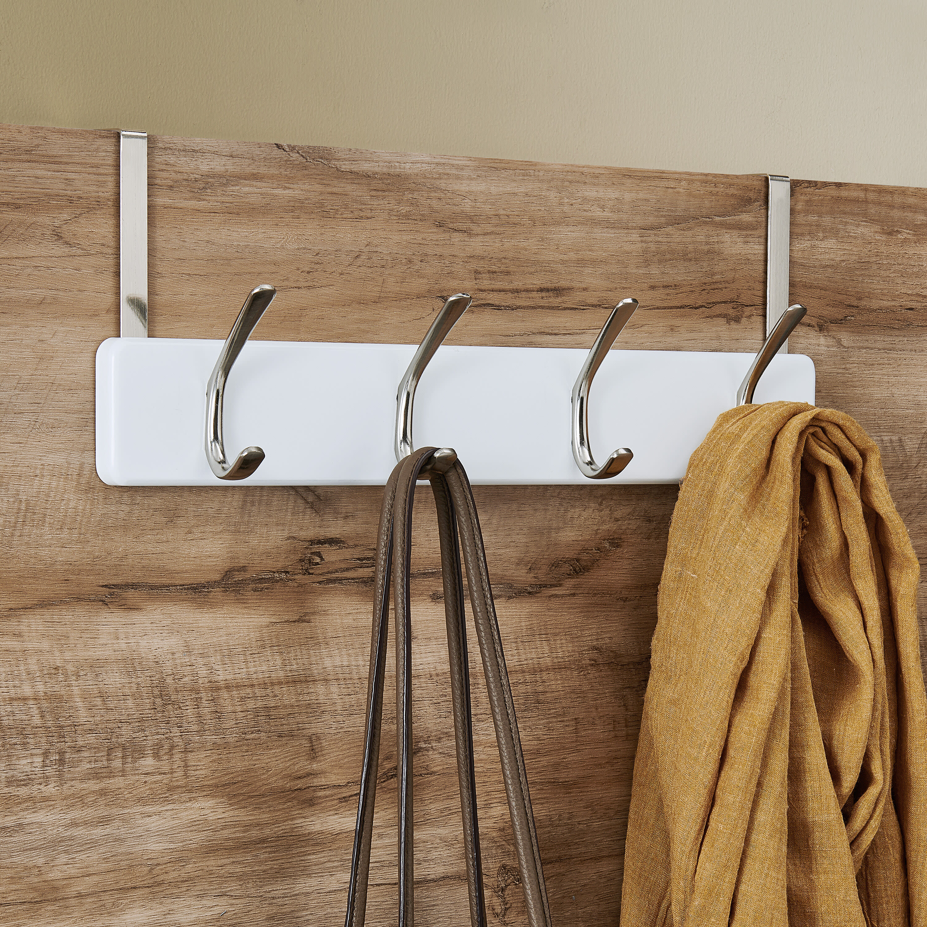 Melannco 18X6 Inch Over The Door MDF Coat Rack With 4 Silver Metal  Hooks White