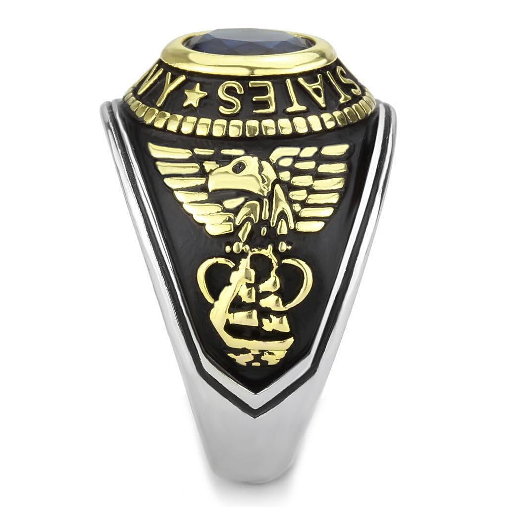 US Navy Ring for Men and Women Unisex Stainless Steel Military Patriotic Ring in Black Gold with Blue Stone