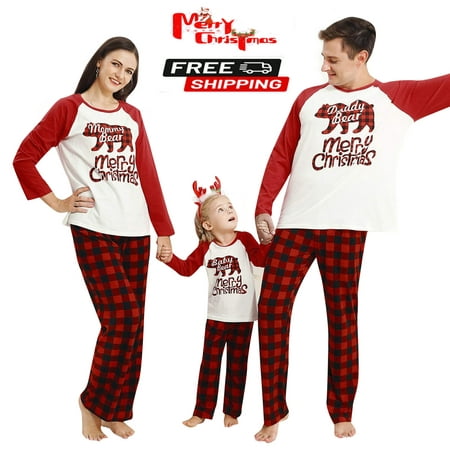 

Sunisery Christmas Pajamas For Family Christmas Letter Print O-Neck Long Sleeve Blouse+ Plaid Pants for Kids Adults