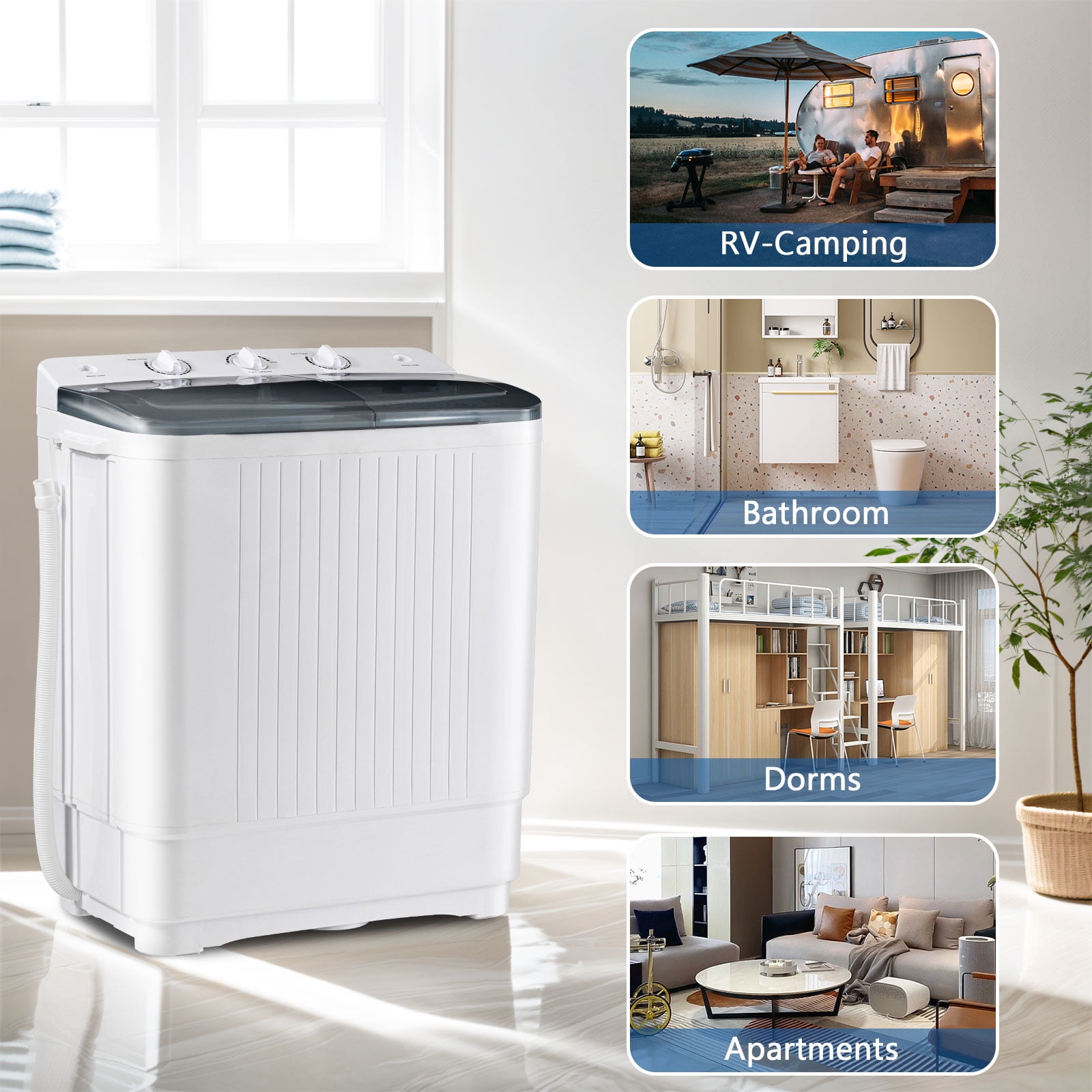 Dimedeal 32 lbs Portable Twin Tub Mini Washing Machine, 20 lbs Washer & 12 lbs Spinner with 1 Drying Rack & 10 Hangers