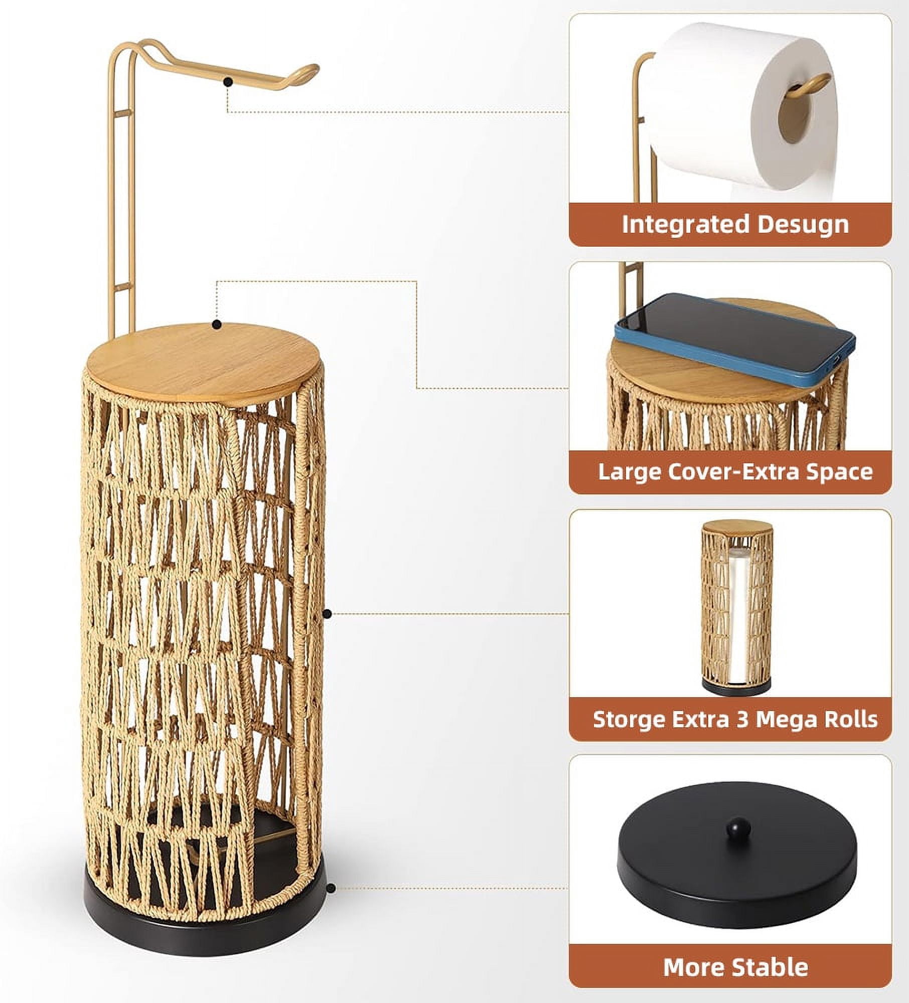 MIDODO Freestanding Toilet Paper Holder with Storage, 3 Rolls of Tissue Holder for Bathroom, Rattan Boho Handmade Woven Toilet Paper Roll Holder Stand