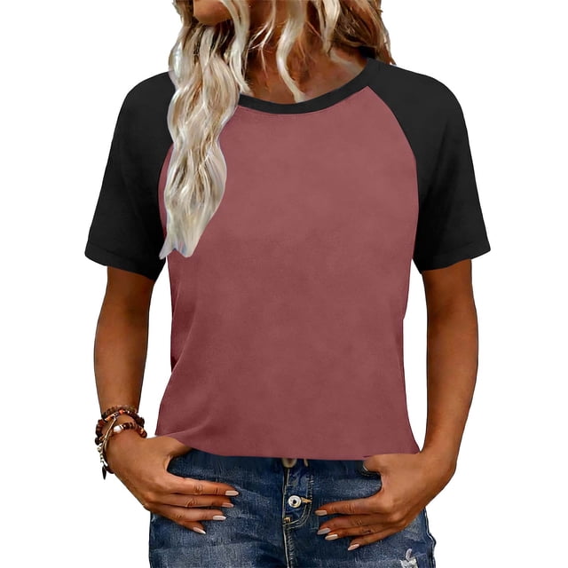 Camisetas de manga corta de verano para las mujeres Moda casual de manga de Raglan Color bloqueado Top, blusa de manga corta de las mujeres para la primavera
