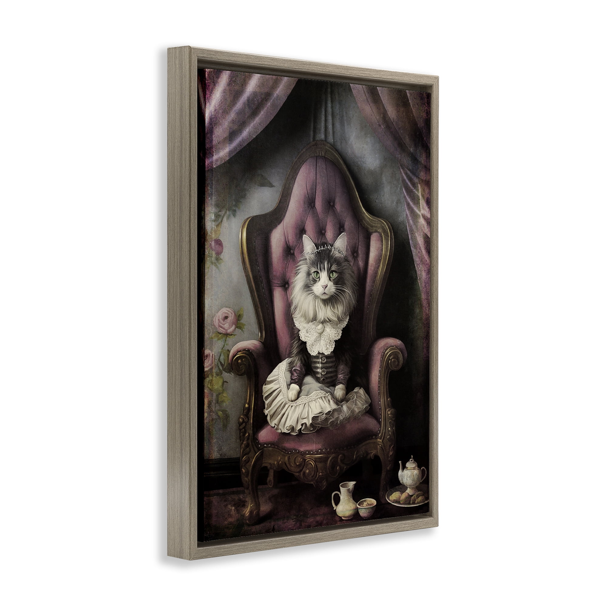 Stupell Industries Royal Cat & Tea Novelty Painting Brown Floater Framed Canvas Art Print Wall Art, 17 x 25