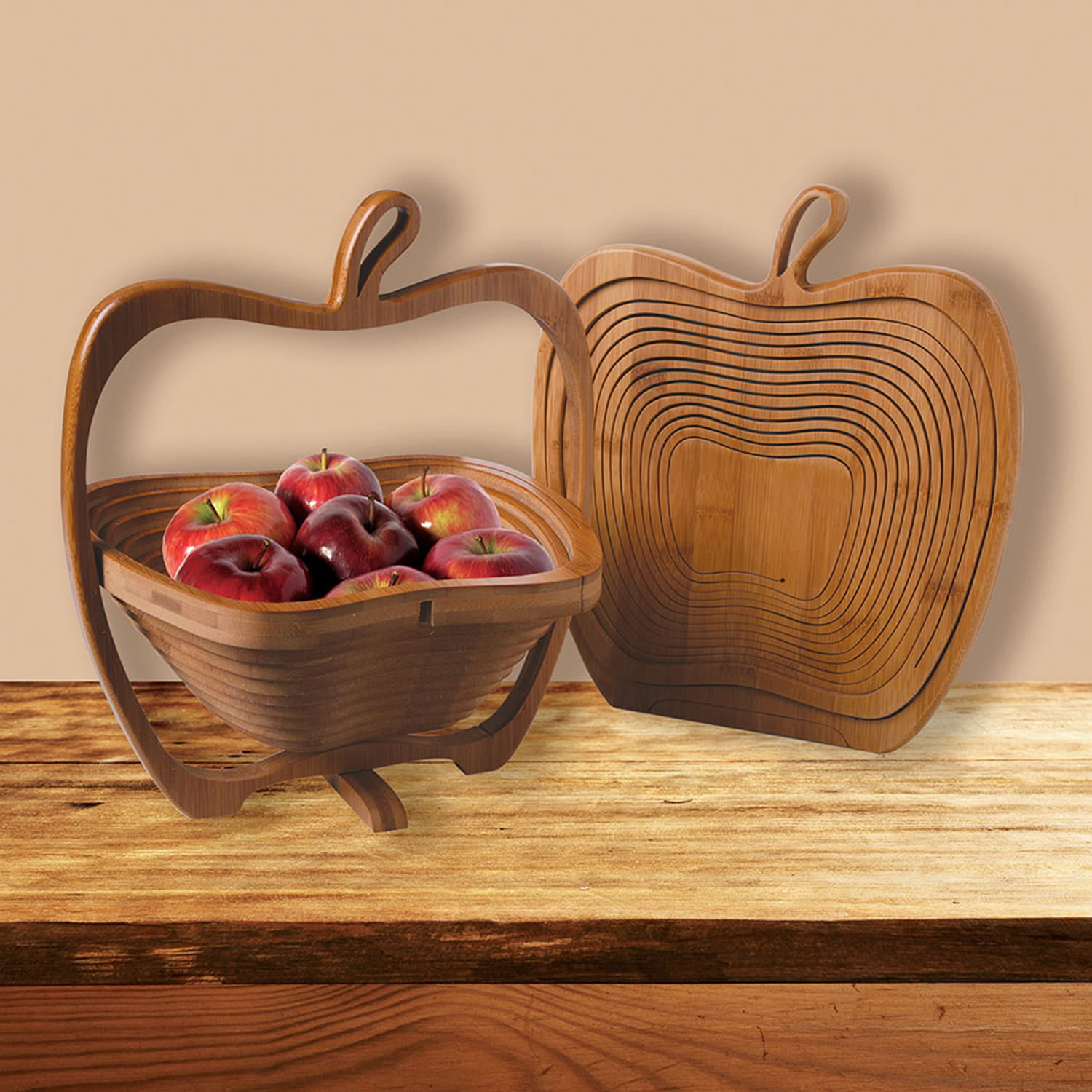 2 In 1 Collapsible Apple Shaped Bamboo Fruit Bowl Basket Cutting Board Coaster