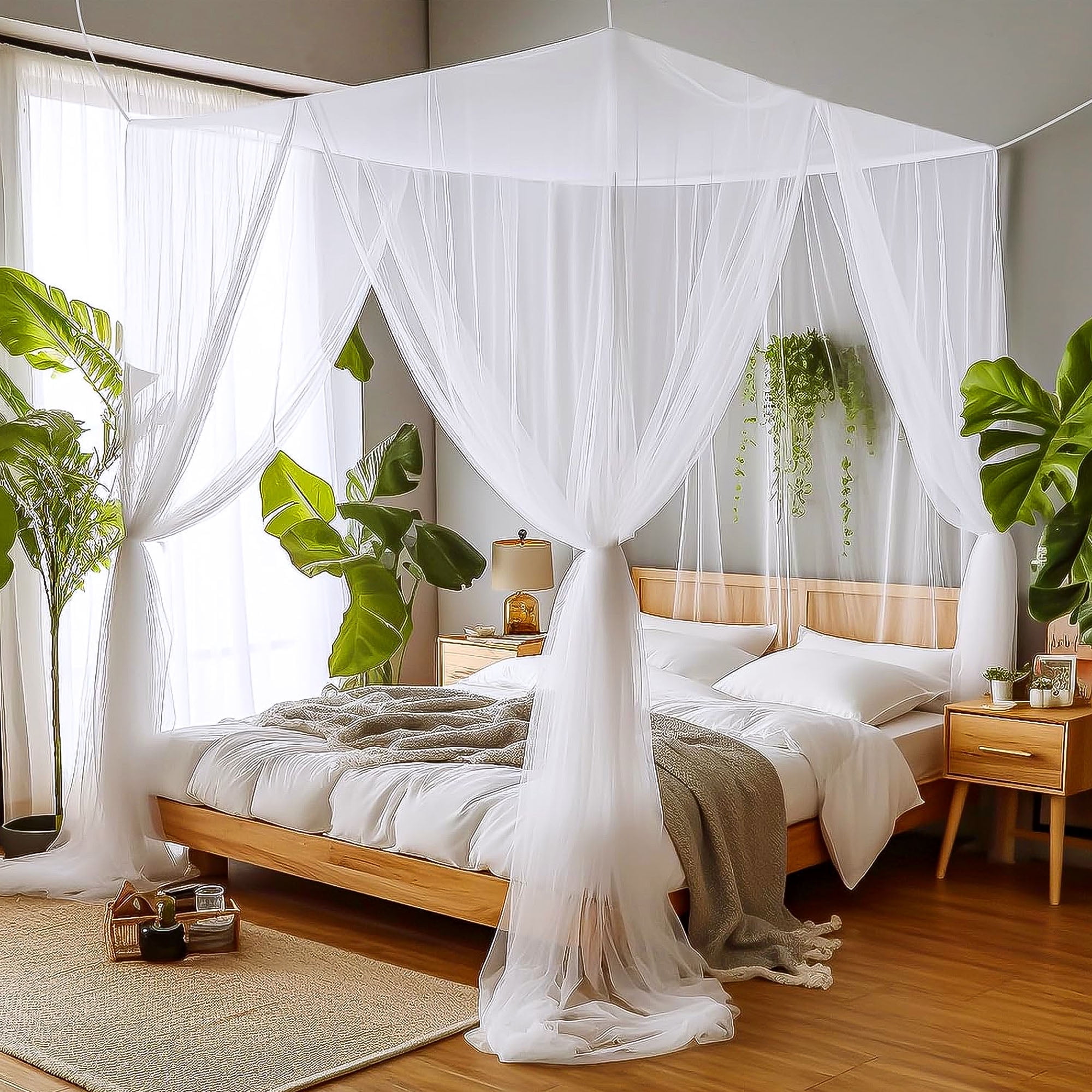 Celectigo Mesh Bed Canopy Mosquito Net  Full, Queen & King Size | Four-Post Bed Curtain with 4 Openings | Elegant White Drapes for Bedroom Decor & Insect Protection