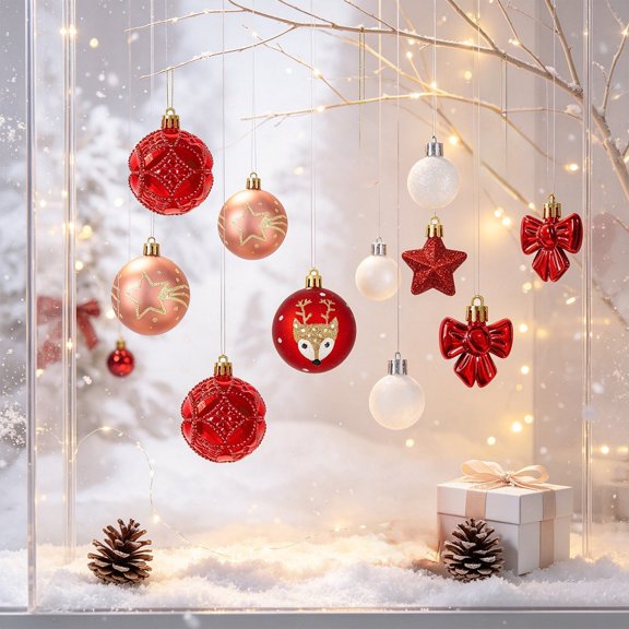 Hyknon 35Pcs Christmas Ball Ornaments Set, 7Styles Assorted Glitter Shatterproof Xmas Hanging Ornaments, Reusable Lightweight Decor Ball, Star Bow Pendants for Christmas Tree Decor Home Holiday Party