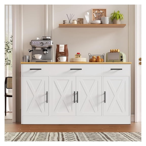 Buffet Cabinet with Storage, Farmhouse Coffee Bar, 53” Sideboard, Adjustable Shelves, Kitchen Dining Room Furniture, White
