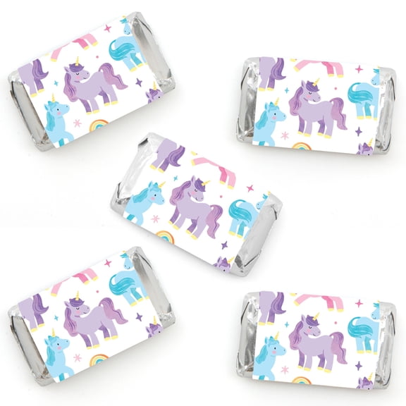 Big Dot of Happiness Unicorn Party Mini Candy Bar Wrapper Stickers, Small Rainbow Unicorn Birthday Party Favors - 40 Count Sticker Labels