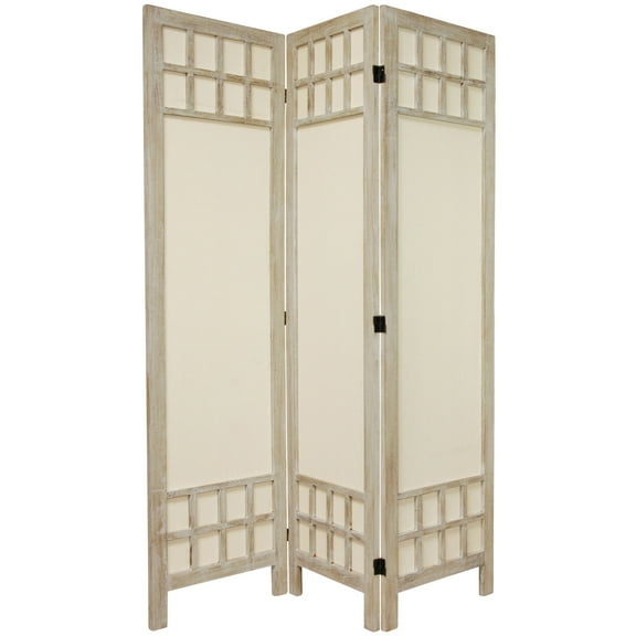 Oriental Furniture 5 1/2 ft. Tall Window Pane Fabric Room Divider, burnt white, 3 panel